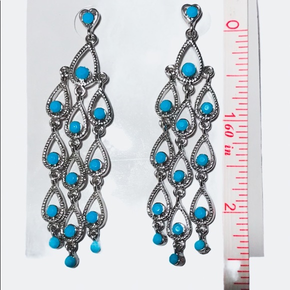 Silvertone Turquoise Long Dangle Earrings - Picture 2 of 6